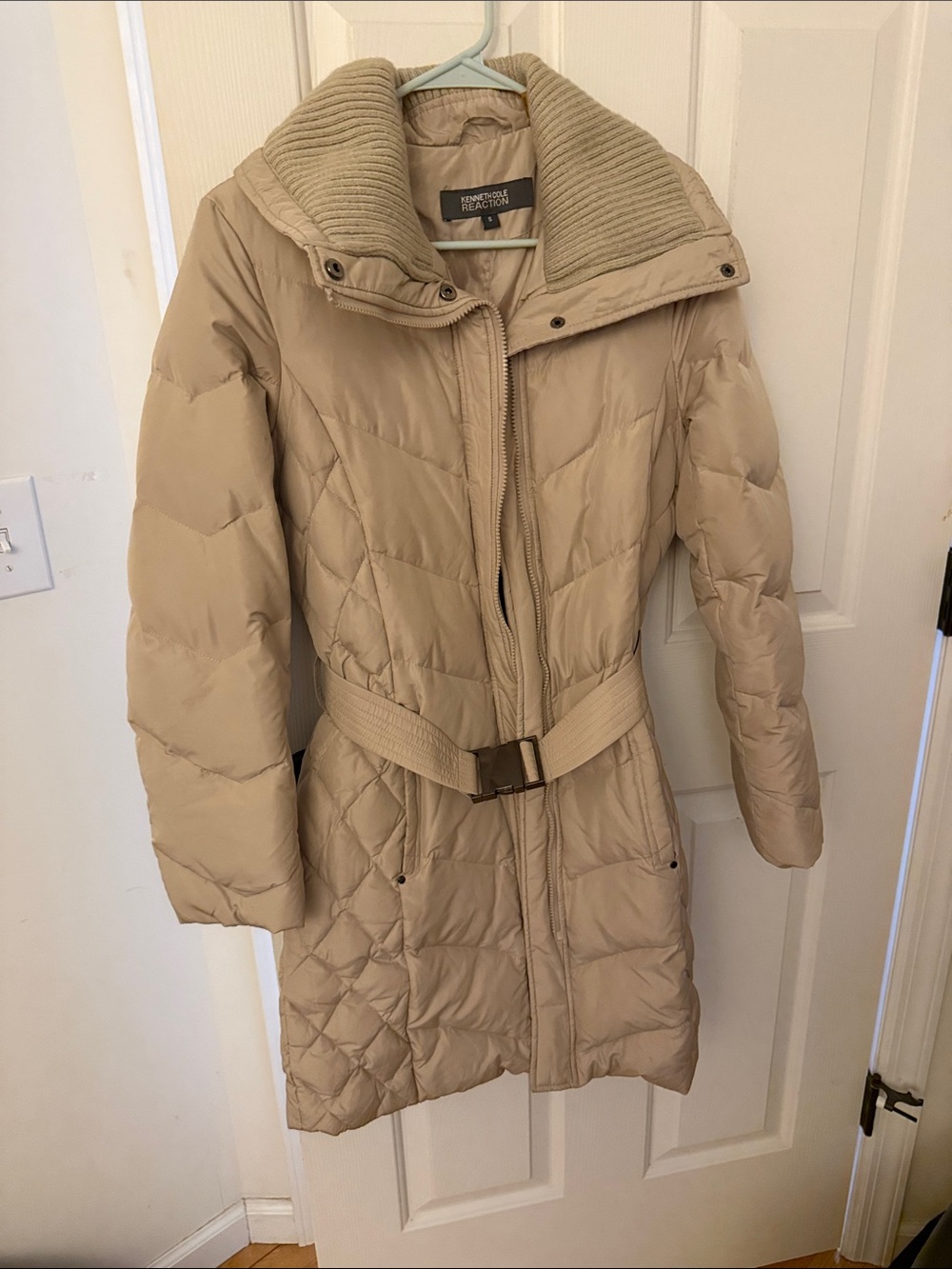 Kenneth Cole Reaction Beige Quilted Belted Long Puffer Coat